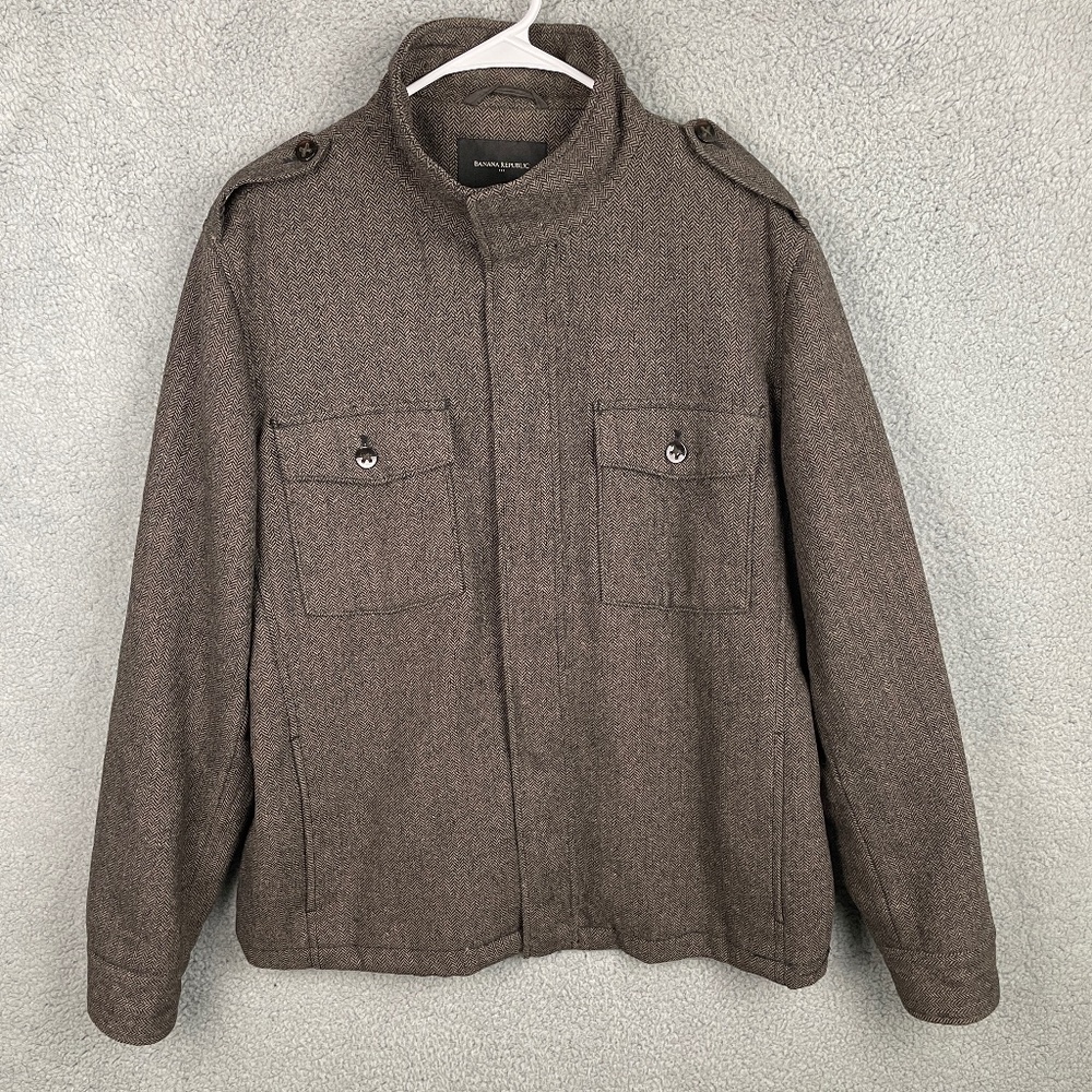 BANANA REPUBLIC Jacket Mens L Brown Herringbone Military Wool Full Zip Button